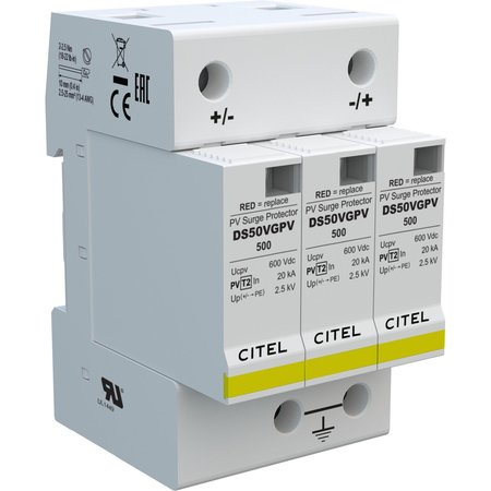 CITEL DIN Rail Pv Dc Protector, Mov+Gsg, 500V, 2W+G, 40Ka, Ul1449 Type 4Ca DS50VGPVS-500